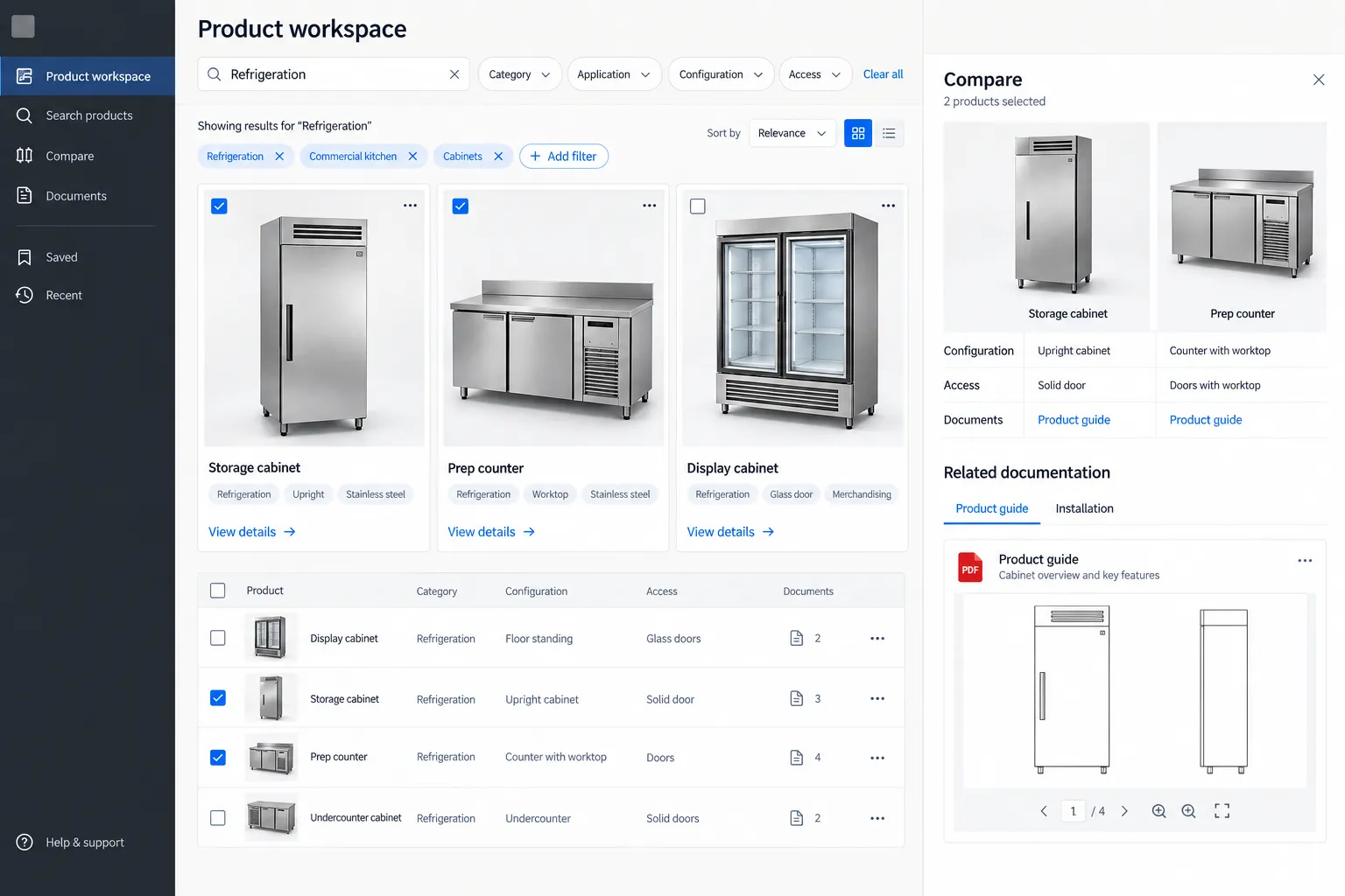 Anonymous product workspace for commercial refrigeration equipment, configuration comparison and related document preview