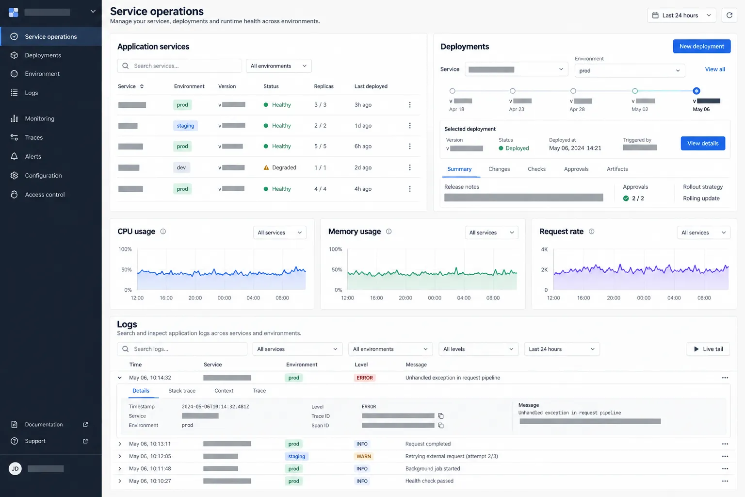 Cloud operations workspace with environments, deployment versions and diagnostic logs