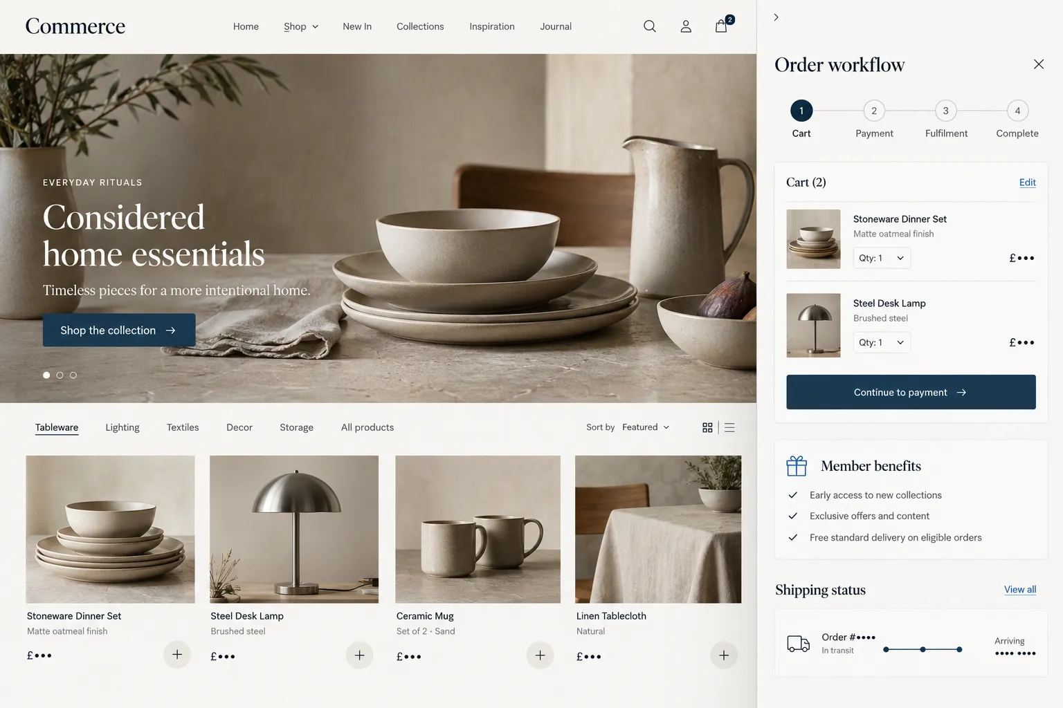 Commerce platform with products, shopping cart, membership, payment and fulfillment