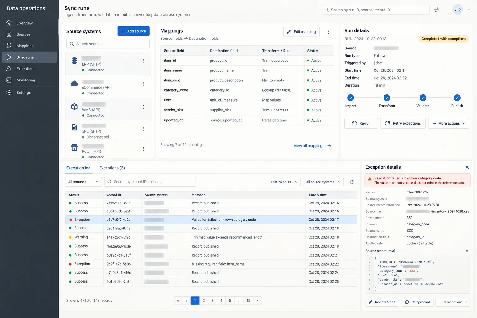 Data pipeline with source systems, field mapping, synchronization and error tracing
