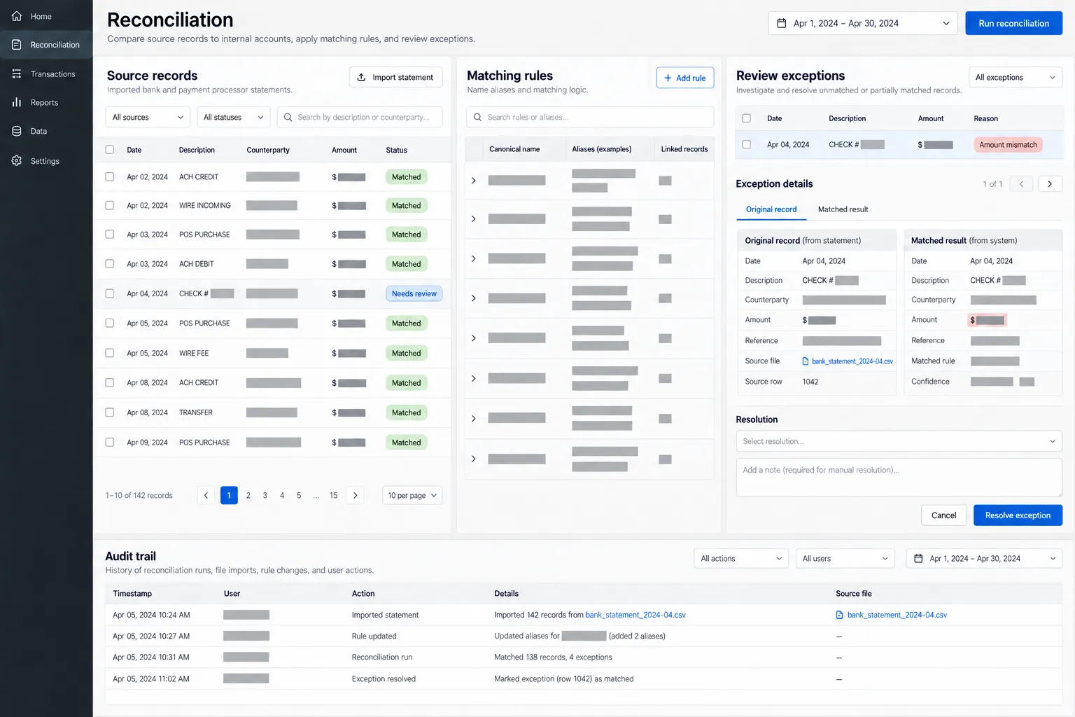 Accounting review workspace with source records, matching and exception checks