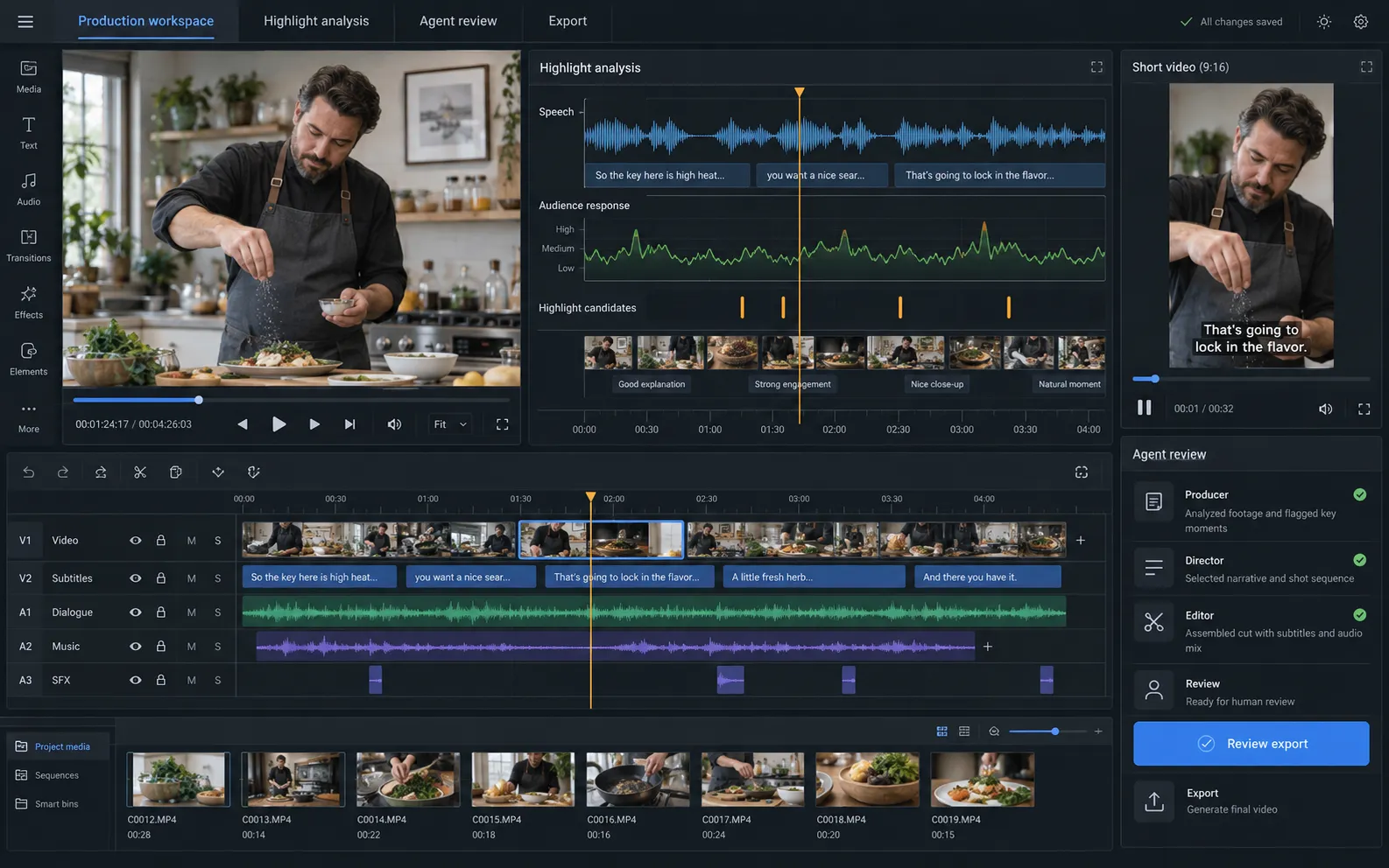 AI video production workspace with footage, signal analysis, editing timeline and agent review